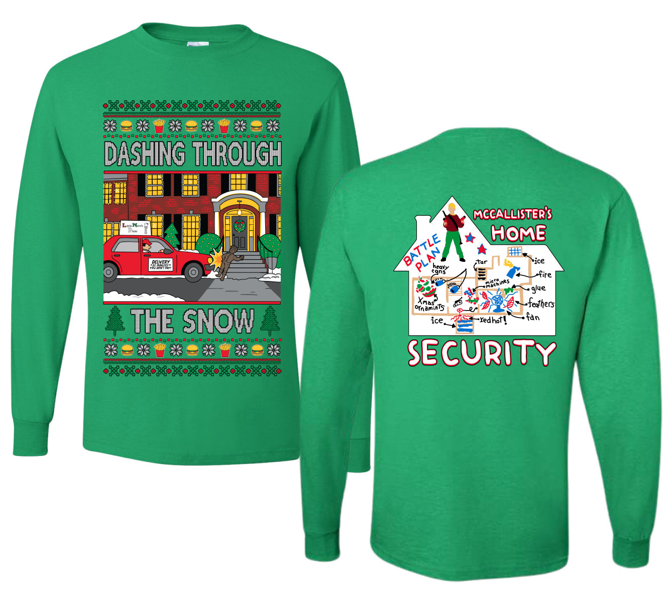 Dashing Through The Snow Classic 90s Holiday Movie Front and Back Unisex Ugly Christmas Sweater Mens Long Sleeve Shirt