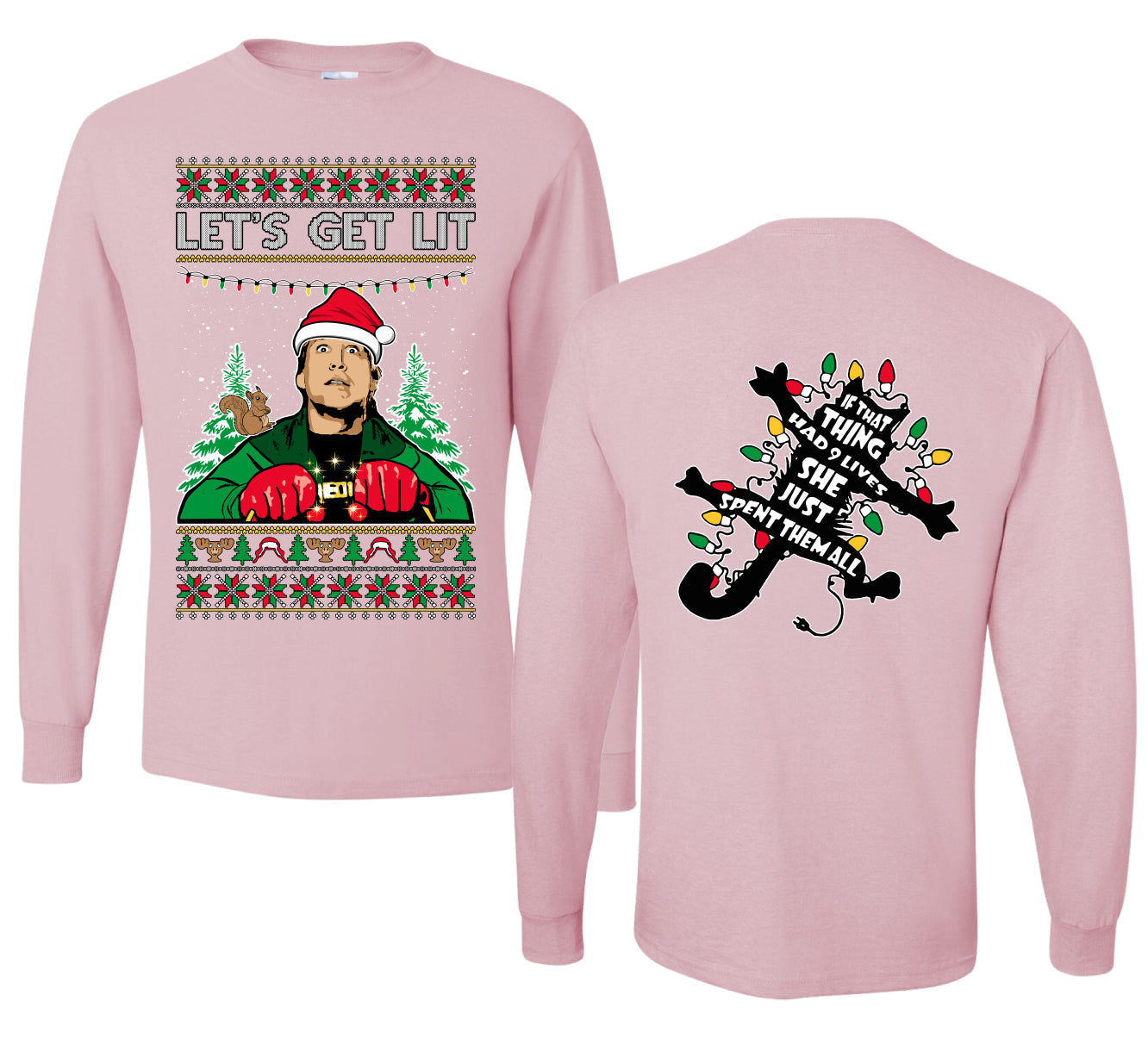 Let's Get Lit Clark Vacation Movie Parody Ugly Christmas Front and Back Sweater Mens Long Sleeve Shirt