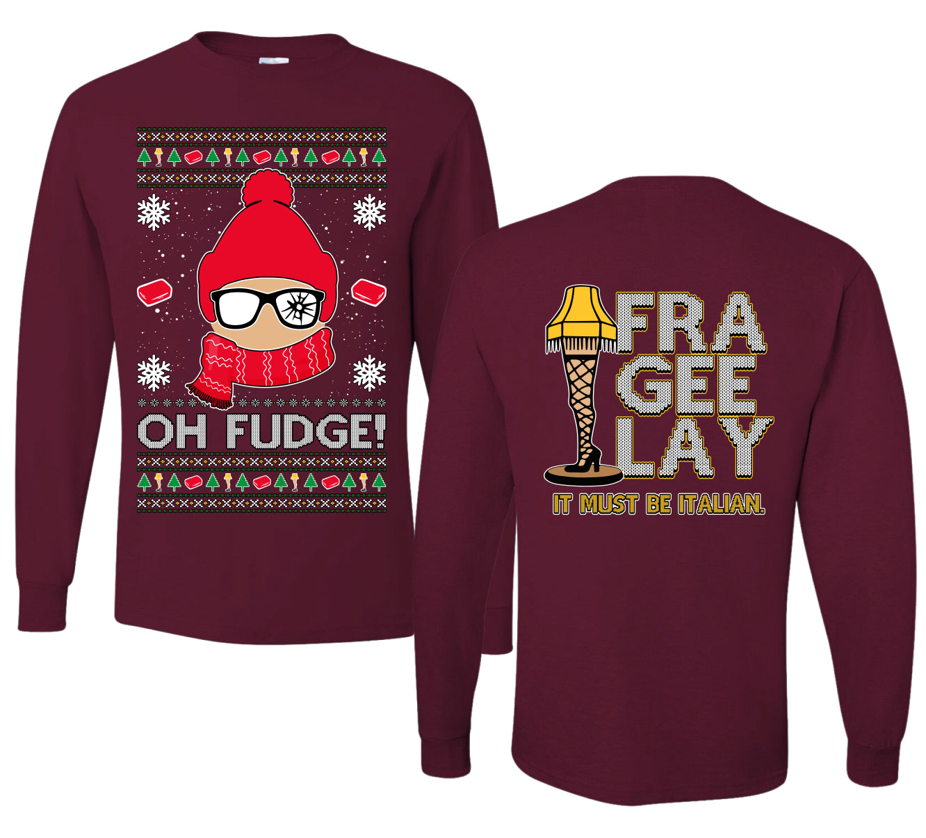 Oh Fudge Funny Story Ugly Christmas Front and Back Sweater Mens Long Sleeve Shirt