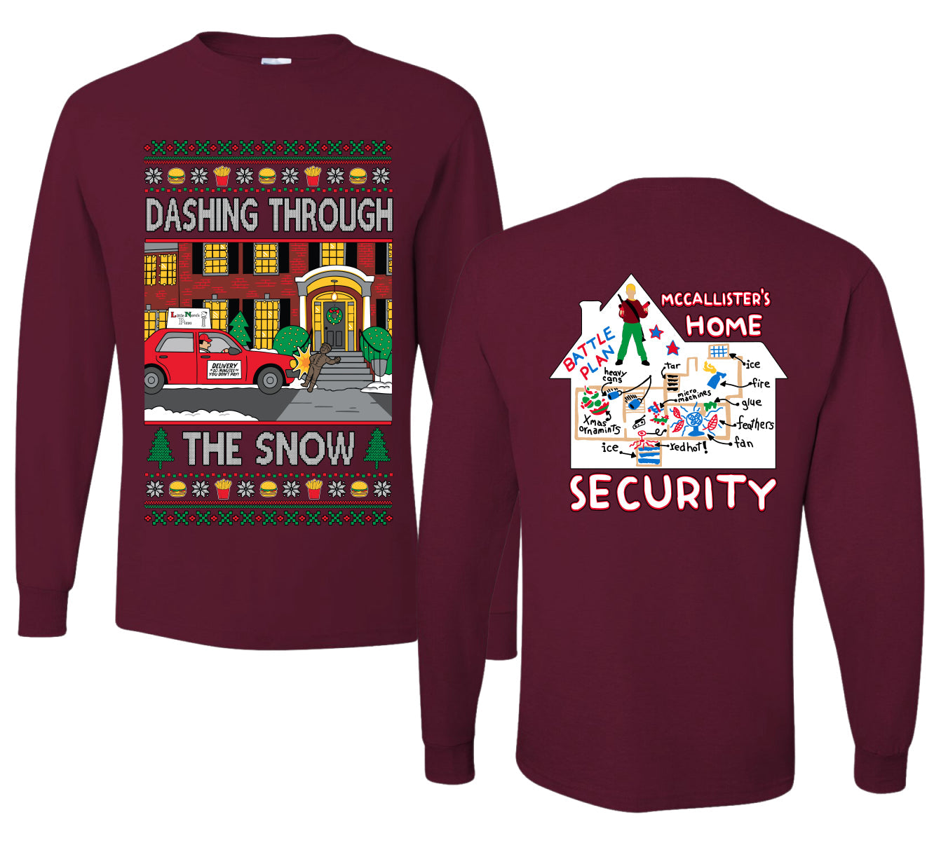 Dashing Through The Snow Classic 90s Holiday Movie Front and Back Unisex Ugly Christmas Sweater Mens Long Sleeve Shirt