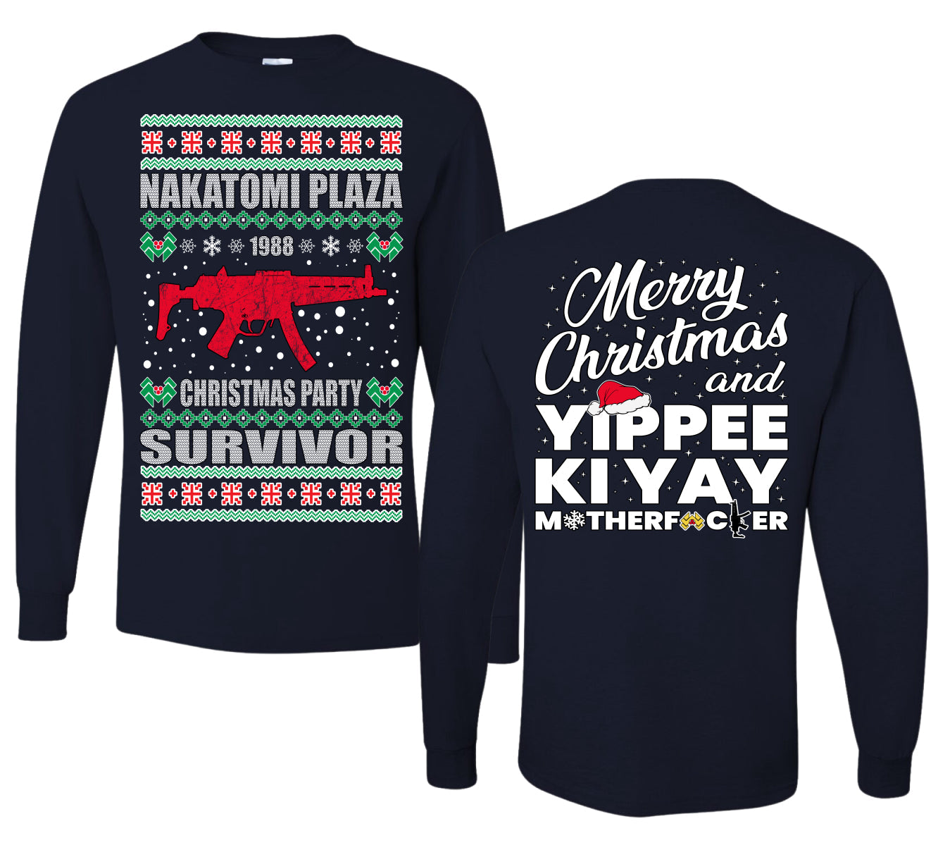 Christmas Party Survivor Nakatomi Plaza 1988 Ugly Christmas Front and Back Sweater Mens Long Sleeve Shirt