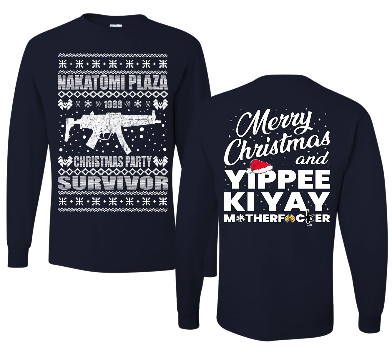 Nakatomi Plaza Christmas Party Survivor 1988 Ugly Christmas Front and Back Sweater Mens Long Sleeve Shirt