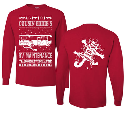Family Vacation Cousin Eddie's RV Maintenance Ugly Christmas Front and Back Sweater Mens Long Sleeve Shirt