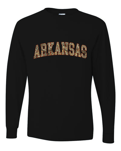 Arkansas  Camo Fill Orange Outline Sweater, Unisex Mens Long Sleeve Shirt