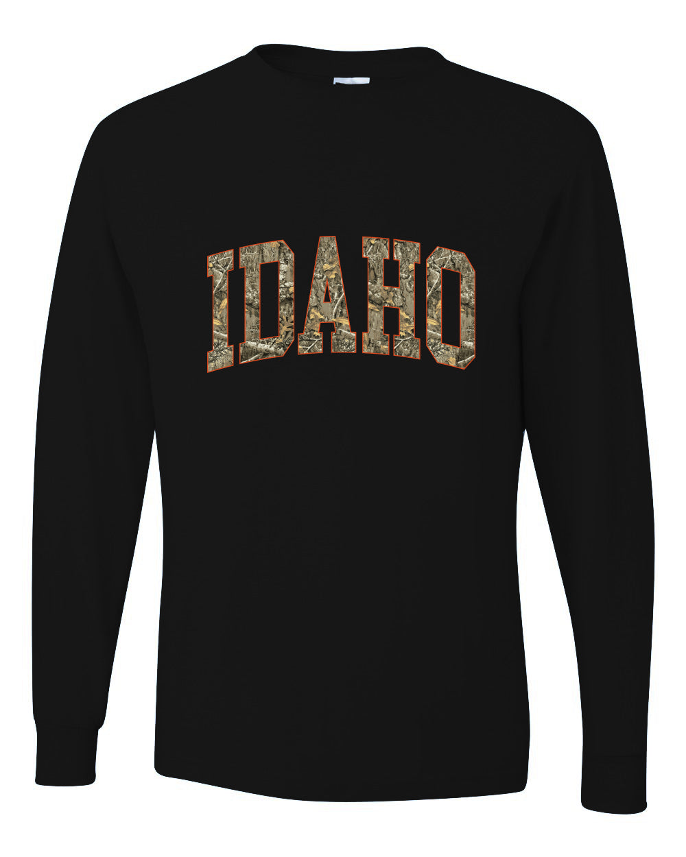 Idaho  Camo Fill Orange Outline Sweater, Unisex Mens Long Sleeve Shirt