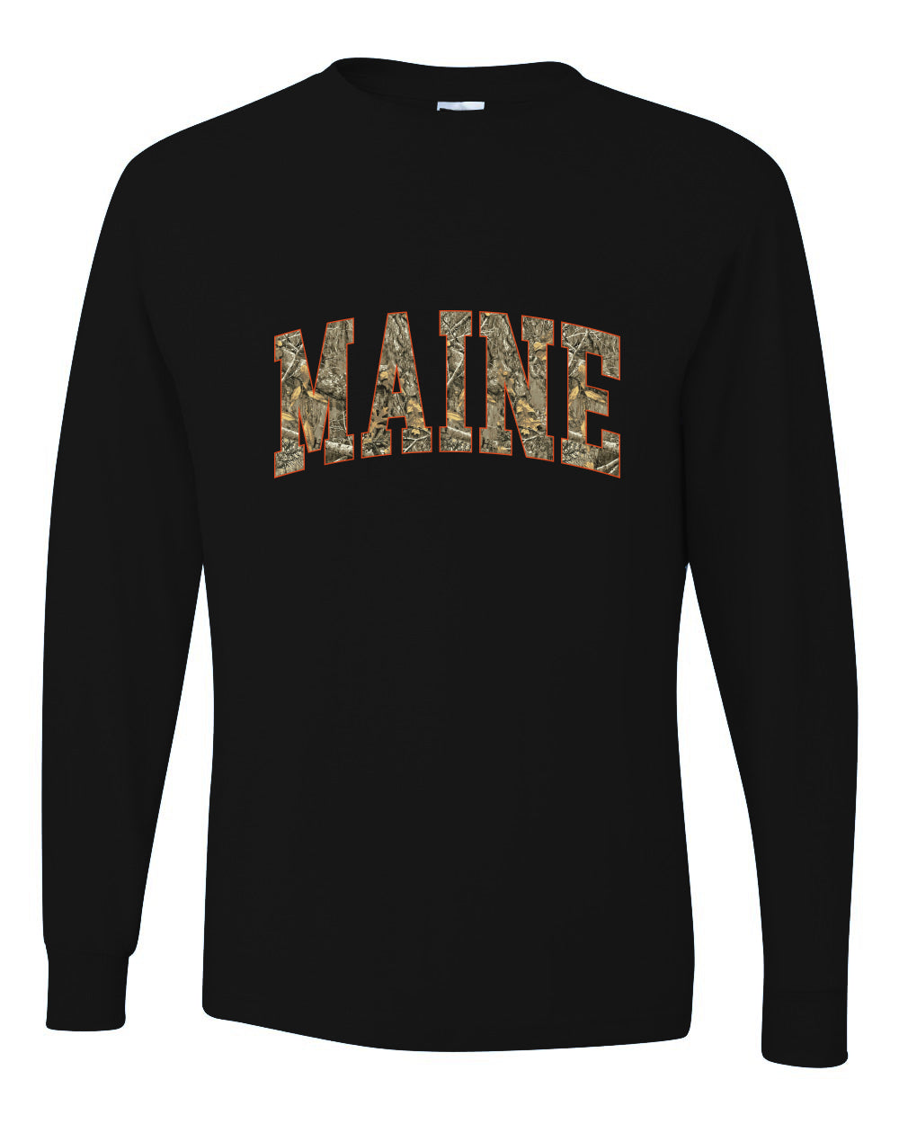 Maine  Camo Fill Orange Outline Sweater, Unisex Mens Long Sleeve Shirt