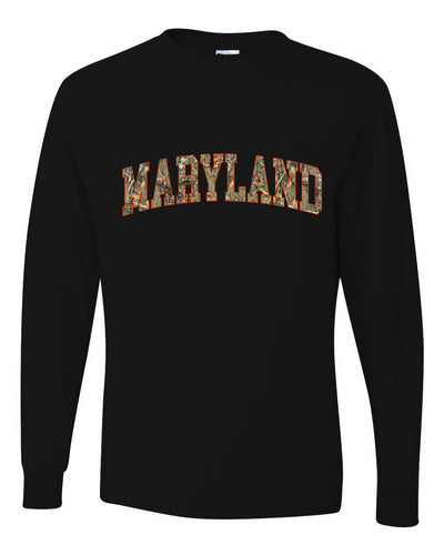Maryland  Camo Fill Orange Outline Sweater, Unisex Mens Long Sleeve Shirt