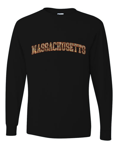 Massachusetts  Camo Fill Orange Outline Sweater, Unisex Mens Long Sleeve Shirt