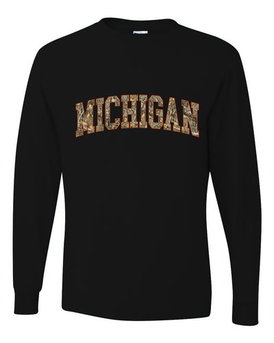 Michigan  Camo Fill Orange Outline Sweater, Unisex Mens Long Sleeve Shirt