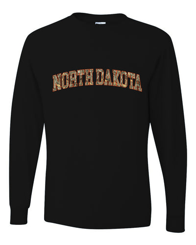 North Dakota  Camo Fill Orange Outline Sweater, Unisex Mens Long Sleeve Shirt