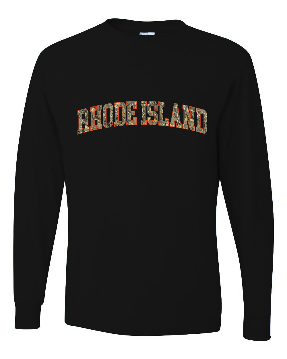 Rhode Island  Camo Fill Orange Outline Sweater, Unisex Mens Long Sleeve Shirt