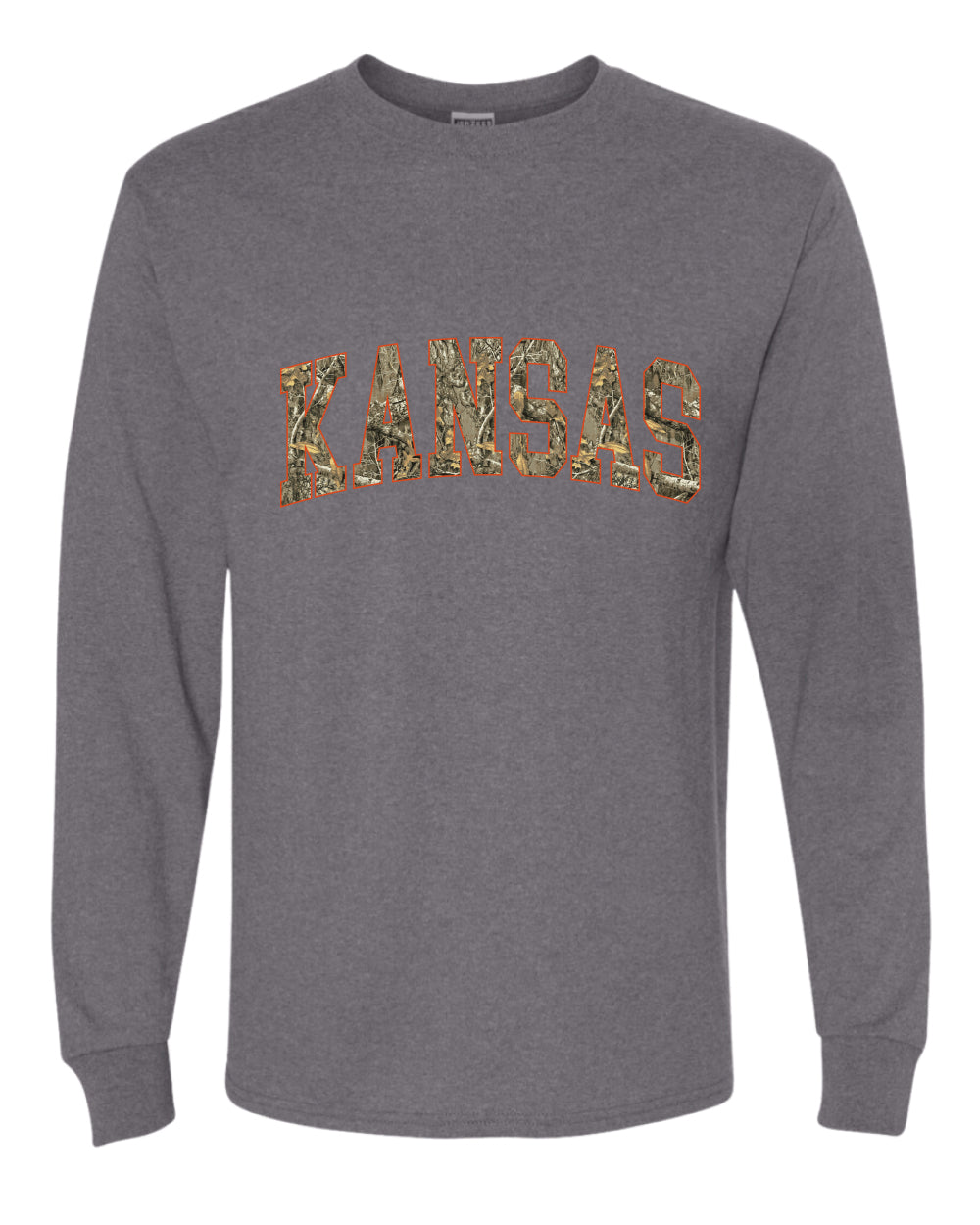 Kansas  Camo Fill Orange Outline Sweater, Unisex Mens Long Sleeve Shirt