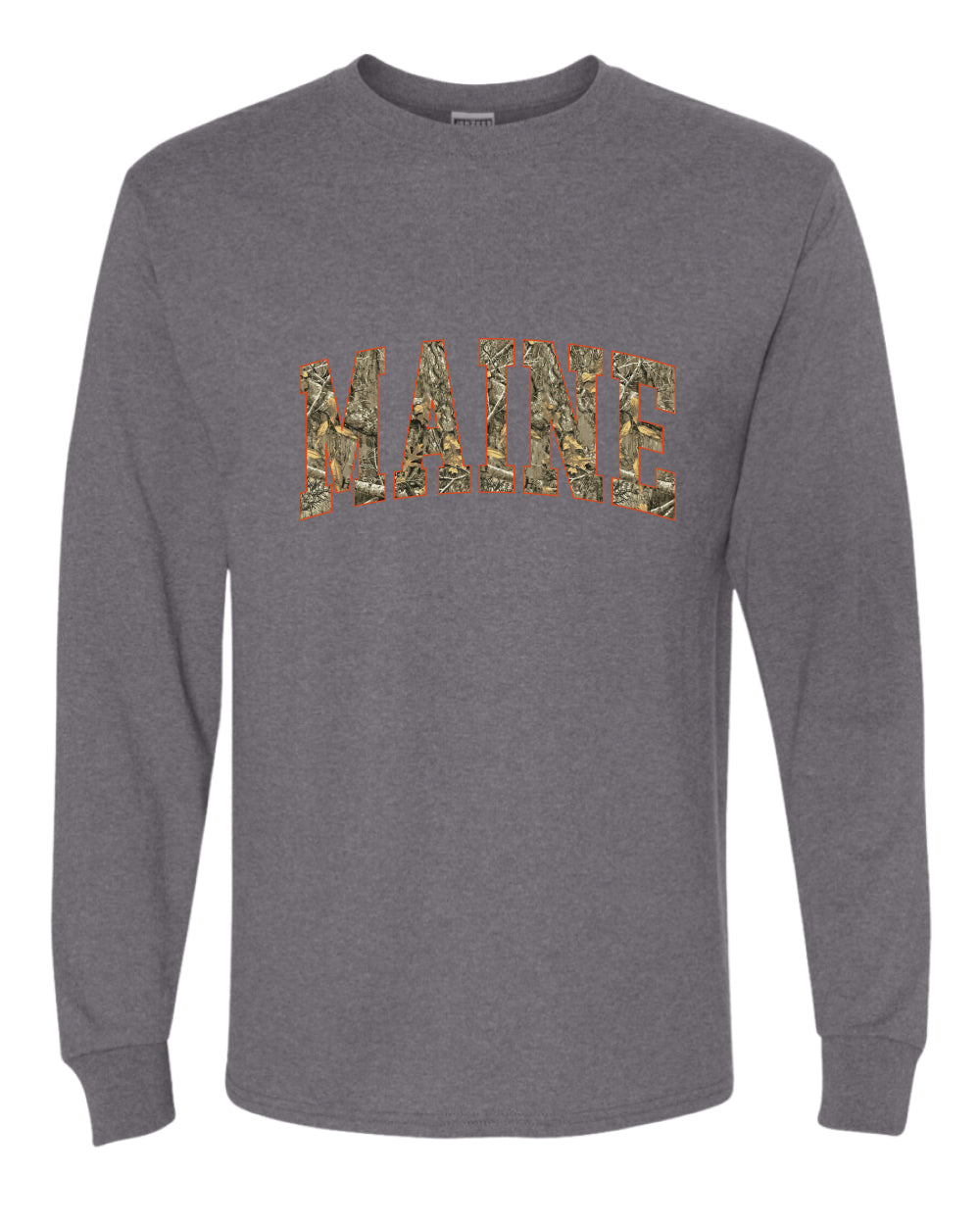 Maine  Camo Fill Orange Outline Sweater, Unisex Mens Long Sleeve Shirt