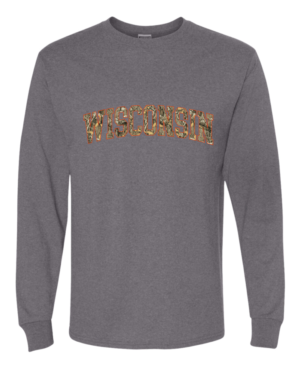 Wisconsin  Camo Fill Orange Outline Sweater, Unisex Mens Long Sleeve Shirt