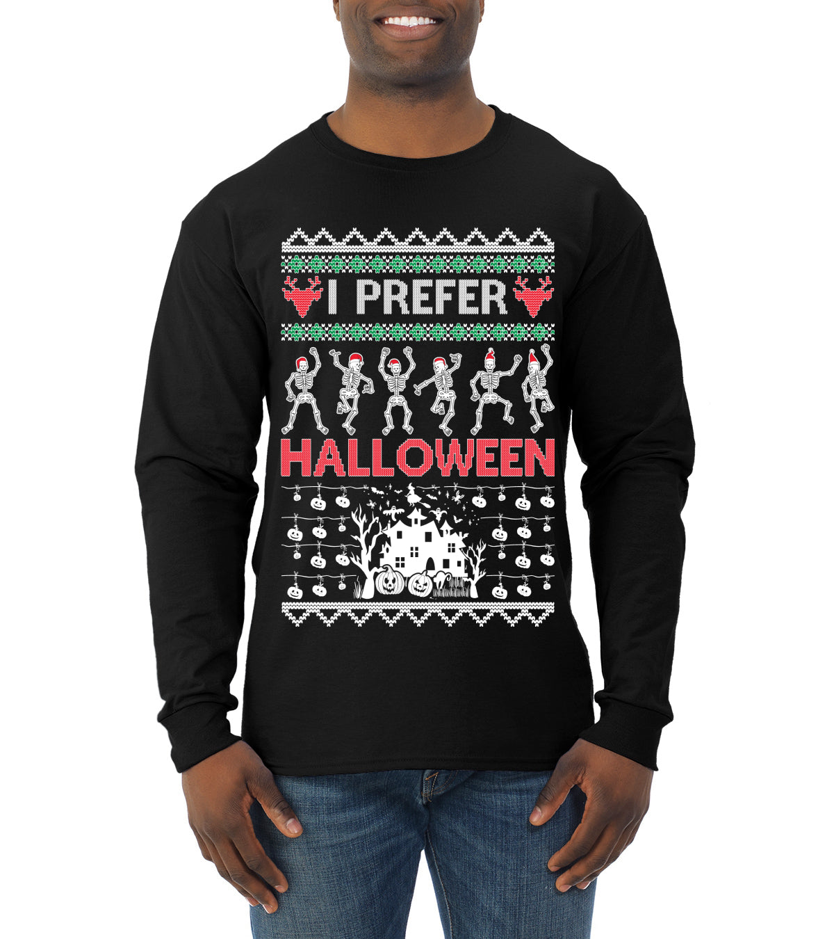 I Prefer Halloween Dancing Skeletons Ugly Christmas Sweater Mens Long Sleeve Shirt