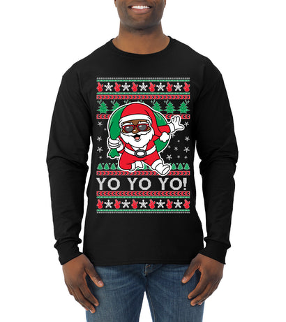 Yo Yo Yo Black Santa Ugly Christmas Sweater Mens Long Sleeve Shirt