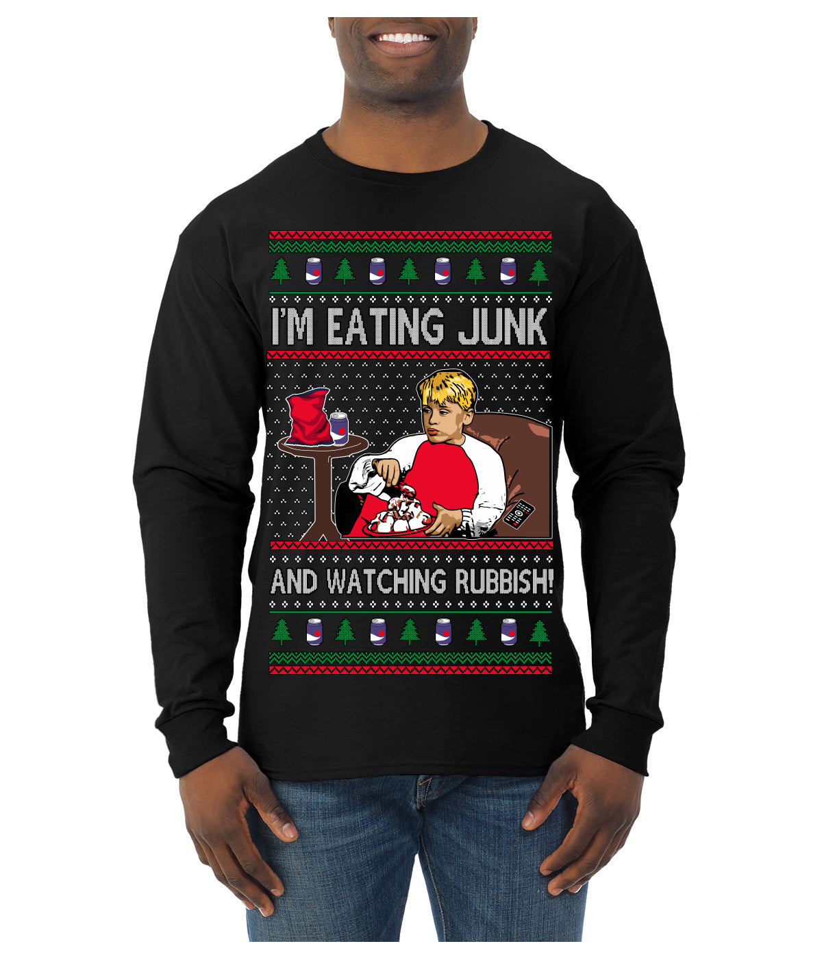I'm Eating Junk and Watching Rubbish 90s Movie Ice Cream Ugly Christmas Sweater Mens Long Sleeve Shirt
