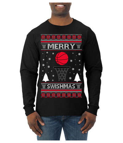 Merry Swishmas Basketball Sports Ugly Christmas Sweater Mens Long Sleeve Shirt