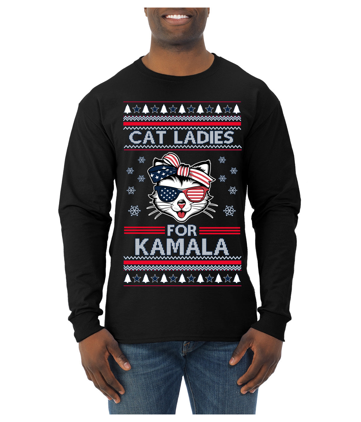 Cat Ladies for Kamala USA Glasses, Harris Tim Walz 2024 Cute USA Glasses Bow Ugly Christmas Sweater Mens Long Sleeve Shirt