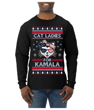 Cat Ladies for Kamala USA Glasses, Harris Tim Walz 2024 Cute USA Glasses Bow Ugly Christmas Sweater Mens Long Sleeve Shirt