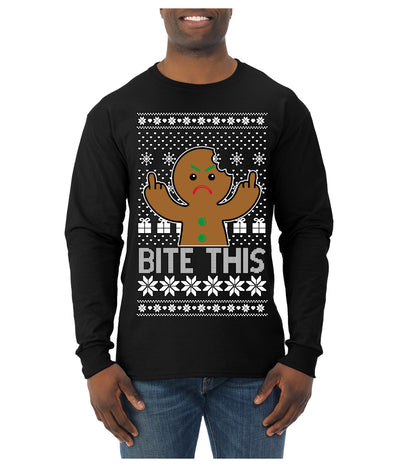 Bite This, Funny Gingerbread Cookie Offensive Inappropriate Middle Finger, F U Ginger Bread Dirty Novelty Xmas Ugly Christmas Sweater Mens Long Sleeve Shirt