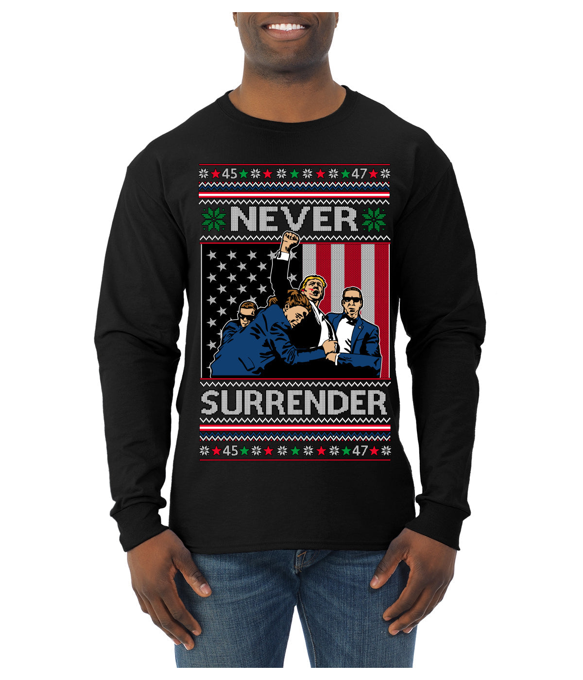 Never Surrender Pro Donald Trump Fight Fist Pump 2024 Ugly Christmas Sweater Mens Long Sleeve Shirt