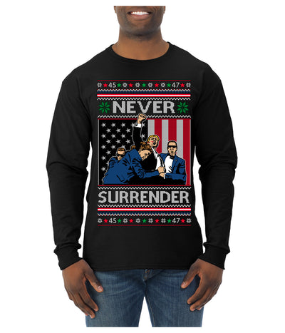 Never Surrender Pro Donald Trump Fight Fist Pump 2024 Ugly Christmas Sweater Mens Long Sleeve Shirt