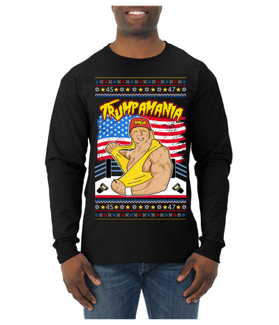 Trumpamania Funny Hogan 80s USA Wrestling Sports Parody Ugly Christmas Sweater Mens Long Sleeve Shirt
