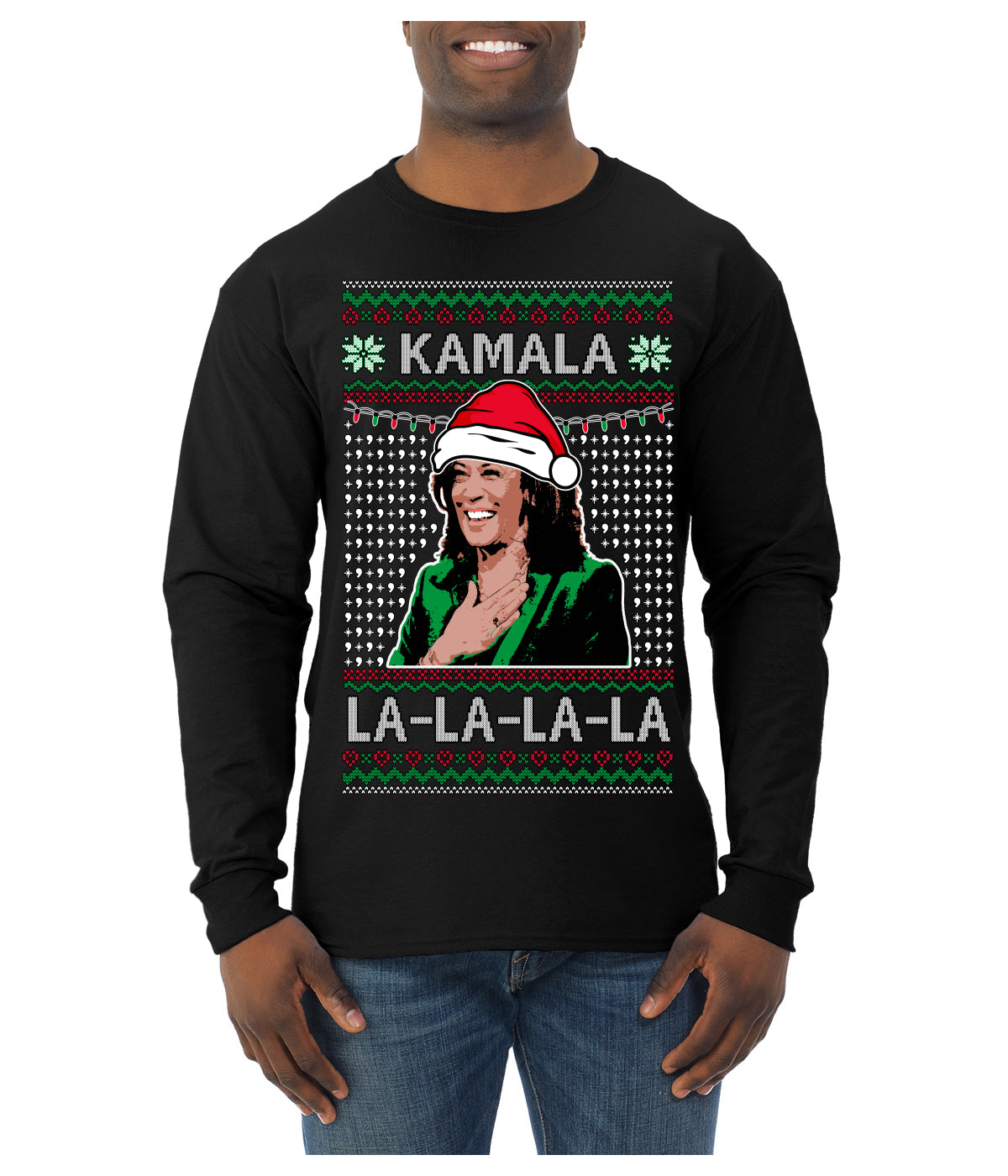 Kamala La La Funny Santa Hat Classic Xmas Song Carol Ugly Christmas Sweater Mens Long Sleeve Shirt