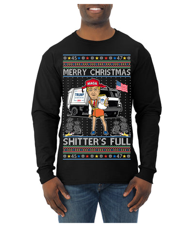 Donald Trump Merry Christmas Shitter's Full Cousin Eddie Ugly Christmas Sweater Mens Long Sleeve Shirt