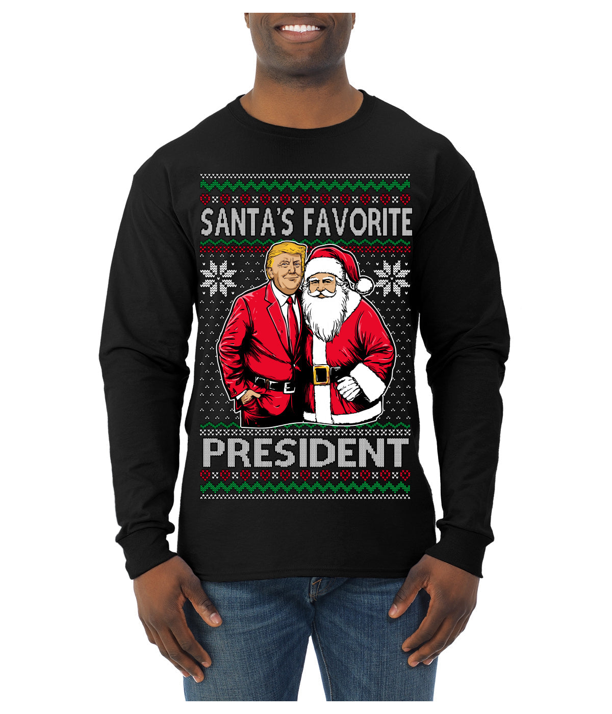 Santa's Favorite President Red Suit Trump Ugly Christmas Sweater Mens Long Sleeve Shirt