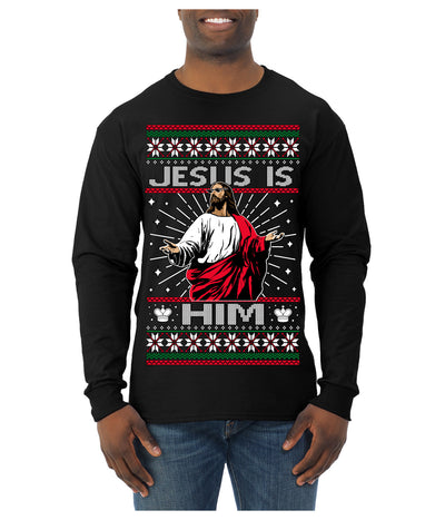 Jesus Is Him Funny Gen Z Viral Meme Shades Slang Ugly Christmas Sweater Mens Long Sleeve Shirt