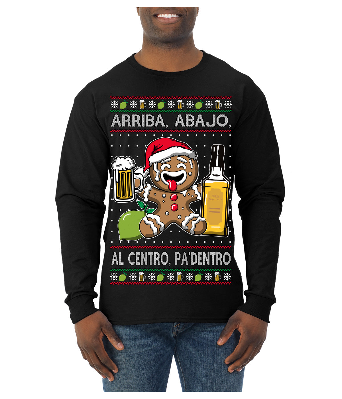 Arriba Abajo Al Centro Pa'Dentro Cheers to Health Salud Ugly Christmas Sweater Mens Long Sleeve Shirt