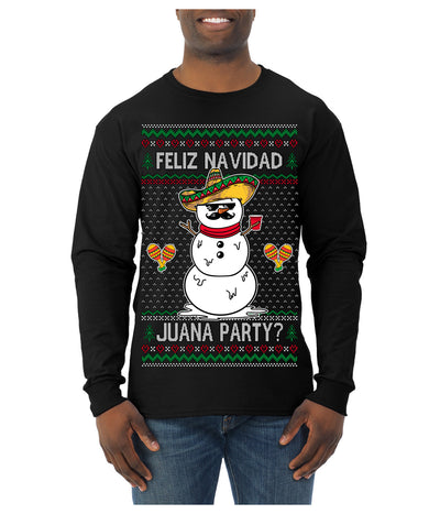 Feliz Navidad Juana Party Funny Spanish Drinking Cerveza Ugly Christmas Sweater Mens Long Sleeve Shirt