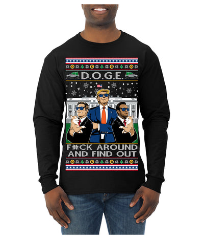 Doge F Around and Find Out Donald Trump Elon Vivek MAGA Ugly Christmas Sweater Mens Long Sleeve Shirt