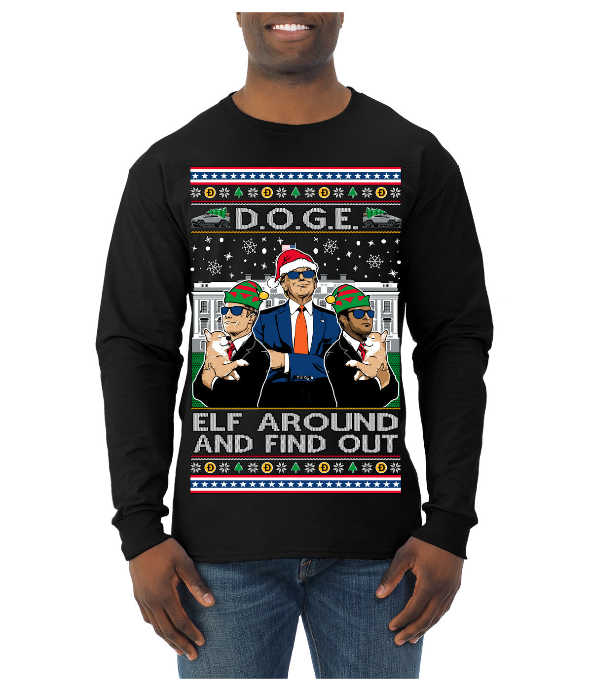 Doge Elf Around and Find Out Trump Elon Vivek MAGA Ugly Christmas Sweater Mens Long Sleeve Shirt