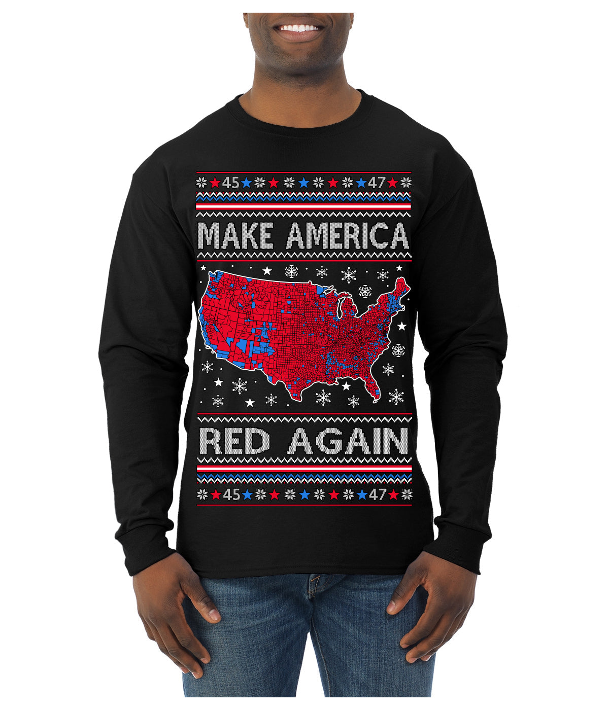 Make America Red Again USA Map Trump 2024 MAGA Ugly Christmas Sweater Mens Long Sleeve Shirt
