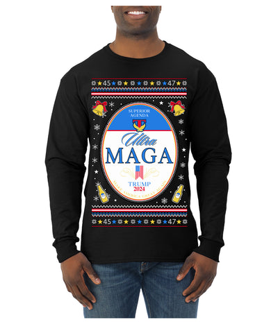 Ultra MAGA Superior Agenda Trump 2024 Funny Beer Logo Ugly Christmas Sweater Mens Long Sleeve Shirt
