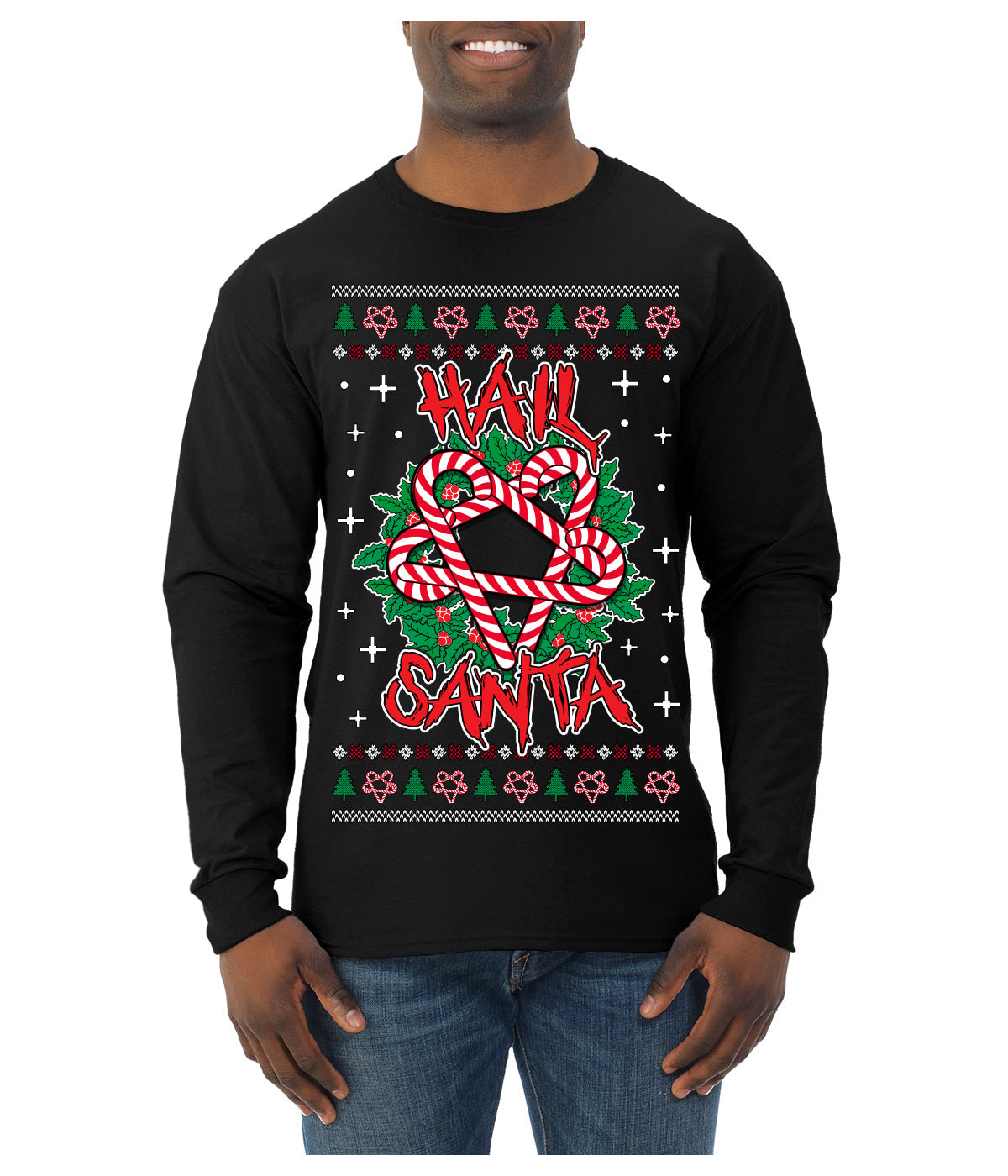 Hail Santa Funny Satanic Candy Devil Heavy Metal Satan Ugly Christmas Sweater Mens Long Sleeve Shirt
