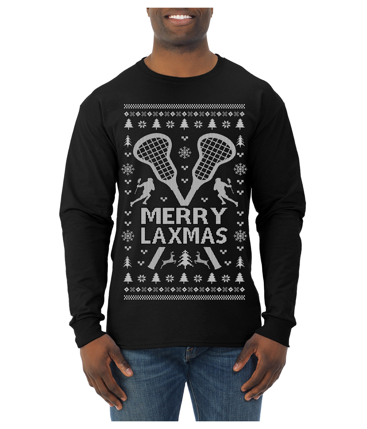 Merry Laxmas Funny Lacrosse Sports LAX Teen Sports Pun Ugly Christmas Sweater Mens Long Sleeve Shirt