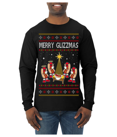 Merry Glizzmas, Funny Glizzy Hot Dog Baby Jesus Catholic Nativity, Fast Food Mustard Condiment Glizzys Humor Ugly Christmas Sweater Mens Long Sleeve Shirt