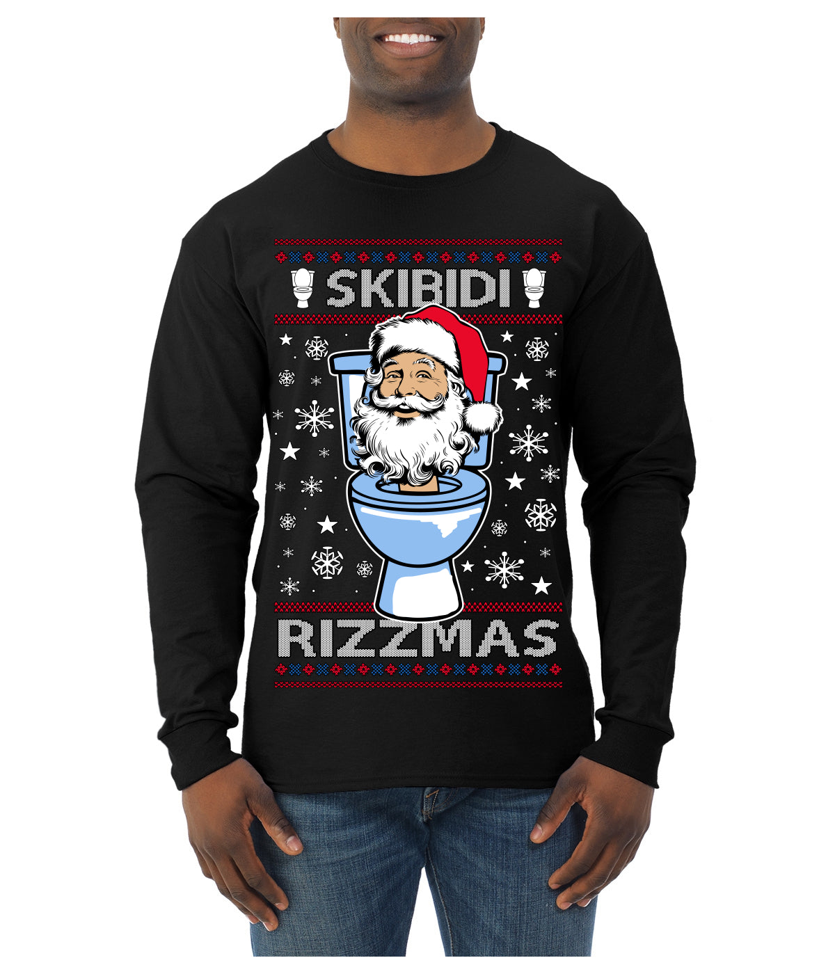 Skibidi Rizzmas Funny Toilet Video Viral Brain Rot Meme, Gen Z Alpha Slang Brainrot Memes Ugly Christmas Sweater Mens Long Sleeve Shirt