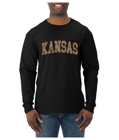 Kansas  Camo Fill Orange Outline Sweater, Unisex Mens Long Sleeve Shirt