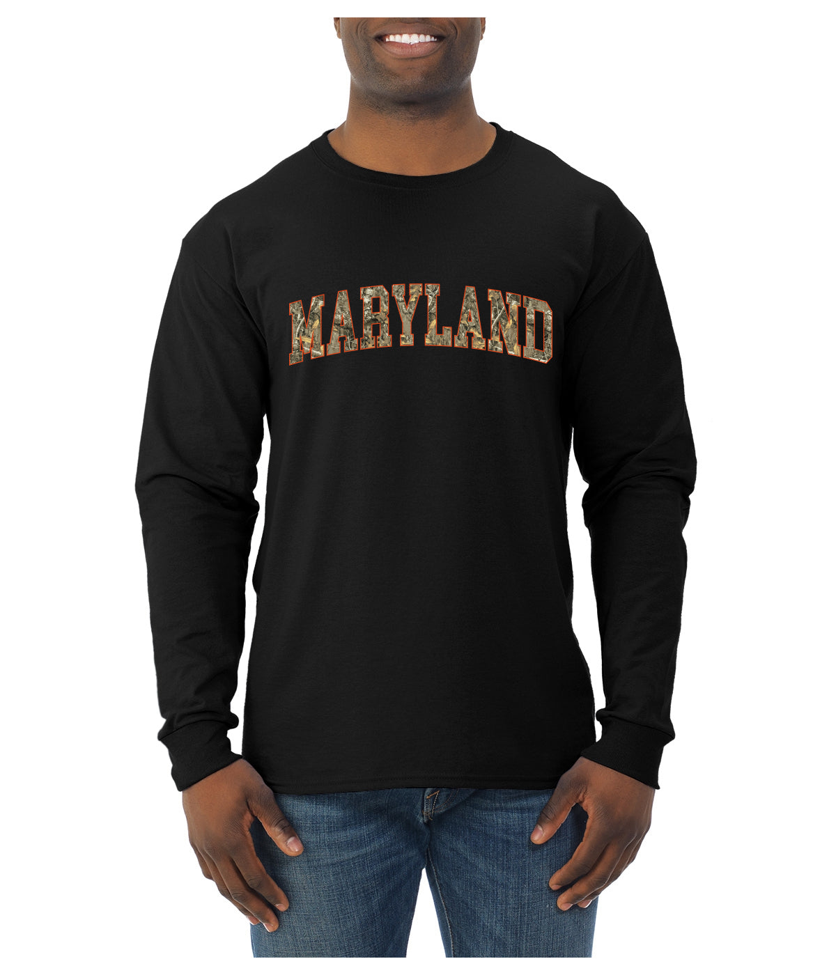 Maryland  Camo Fill Orange Outline Sweater, Unisex Mens Long Sleeve Shirt