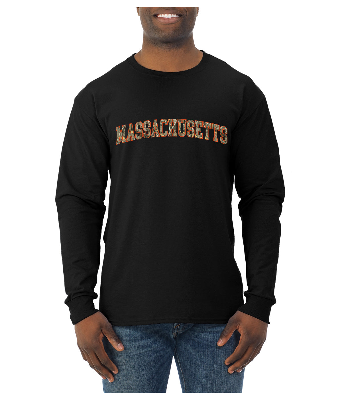 Massachusetts  Camo Fill Orange Outline Sweater, Unisex Mens Long Sleeve Shirt