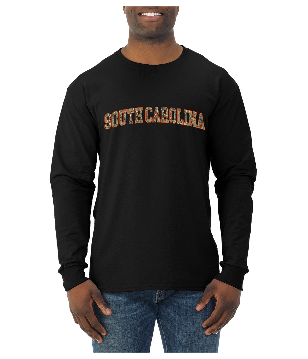 South Carolina  Camo Fill Orange Outline Sweater, Unisex Mens Long Sleeve Shirt