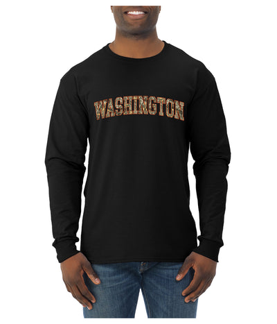 Washington  Camo Fill Orange Outline Sweater, Unisex Mens Long Sleeve Shirt