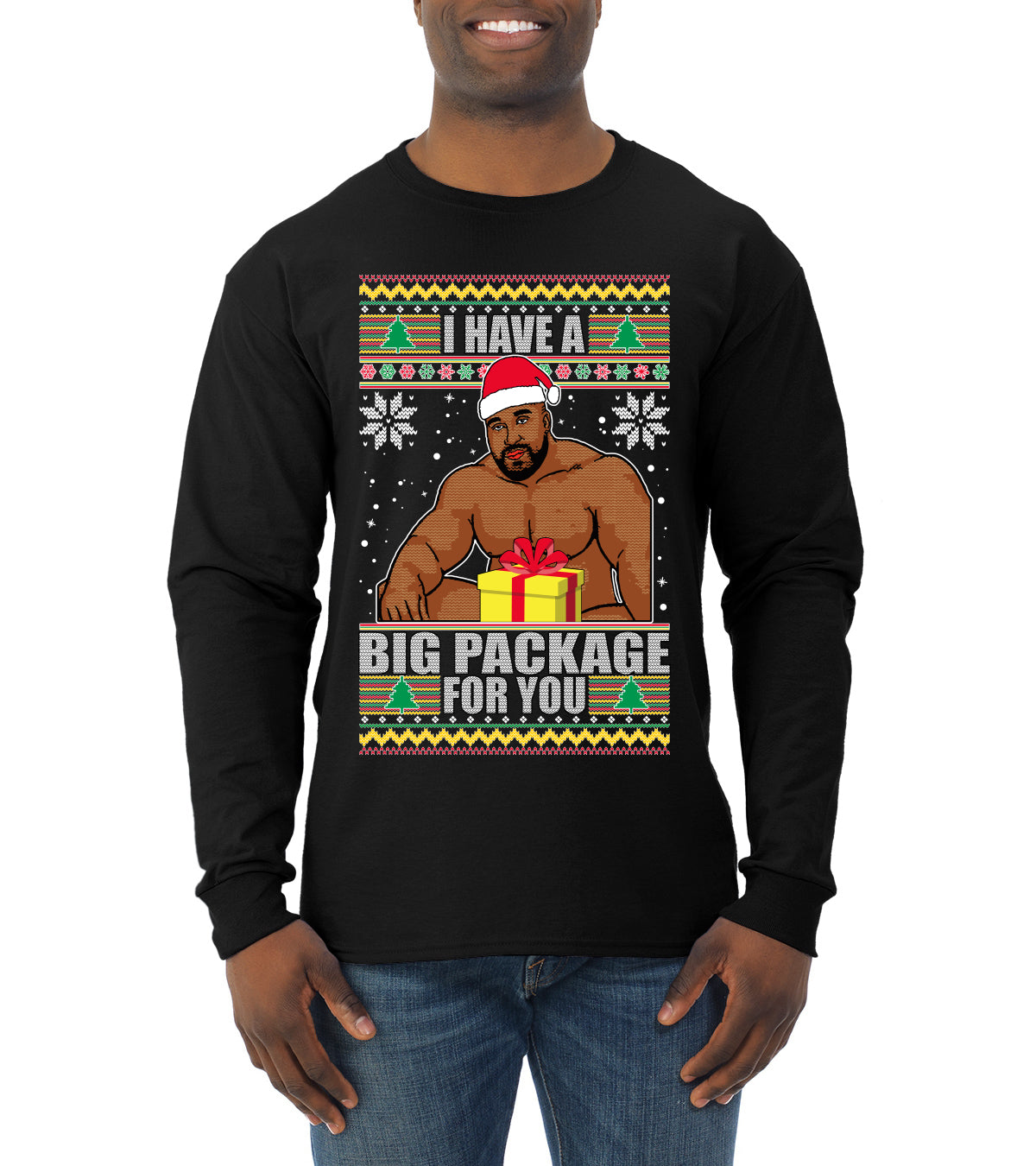 I Have A Big Package Meme Barry Wood Ugly Christmas Sweater Mens Long Sleeve Shirt