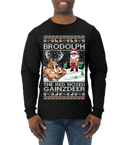 Brodolph Santa Working Out Gym the Red Nosed Gainzdeer Ugly Christmas Sweater Mens Long Sleeve Shirt