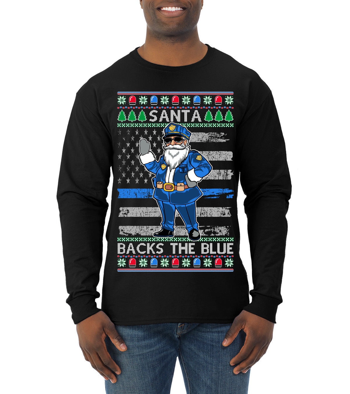 Santa Backs The Blue Pro Police Santa Claus Ugly Christmas Sweater Mens Long Sleeve Shirt